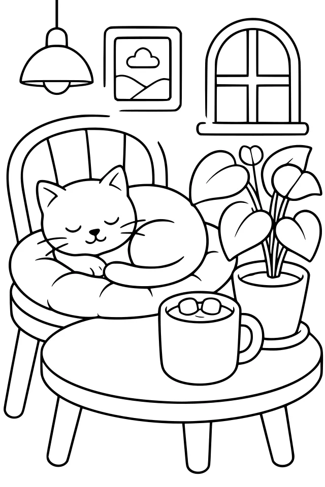 A Bold & Easy page: a cozy café corner with a cat asleep on a cushion, a mug of cocoa and a potted plant
