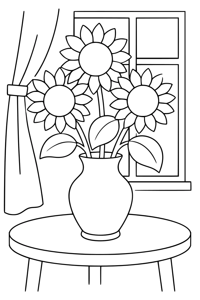 A Large Print page: a vase of three sunflowers on a table by a window
